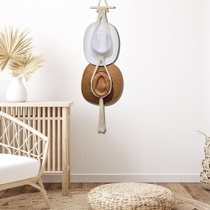 Yulejo Macrame Hat Hangers Racks Boho Cowboy Hats Holders Western Display Organizer Storage decor Back of Door for Wall(White,Two Hats Style)