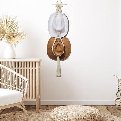 Yulejo Macrame Hat Hangers Racks Boho Cowboy Hats Holders Western Display Organizer Storage decor Back of Door for Wall(White,Two Hats Style)