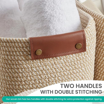 3 Pack Cotton Rope Storage Basket Woven Shelf Bin with Faux Leather Handles, Decorative Closet Shelf Woven Basket for Organizers, 15 x 10 x 9, Multi-Brown