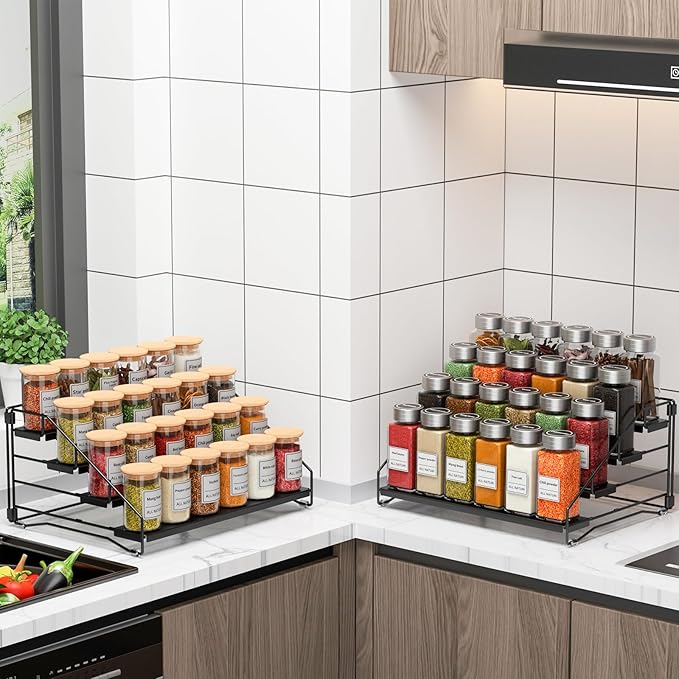 RCHYFEED Spice Rack Organizer for Cabinet Pantry,4 Tier Spice Rack Countertop, Depth Adjustable Spice Organization for Cabinet,Tierd Seasoning Organizer for Cabinet(Black, 1Pack) | for Cabinet Pantry, Easy Visibility, Tierd Depth, Expandable