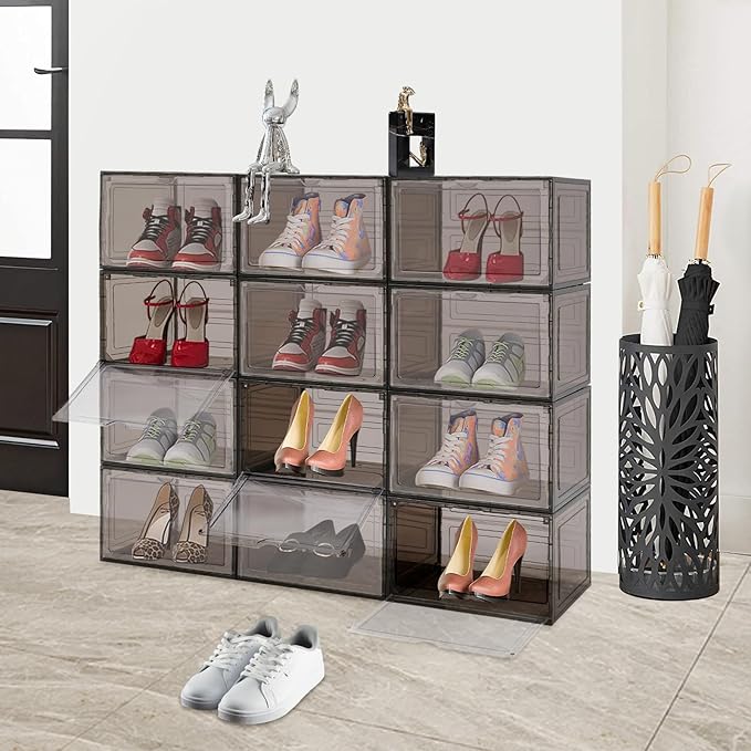 12pcs Acrylic Shoe Box, Shoe Container Stackable Shoe Organizer Acrylic Display Case Sneaker Storage Sturdy Magnet for Entryway, Closets, Bedrooms, Bathrooms