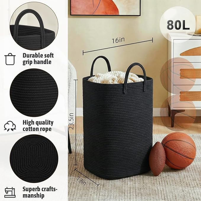 Artfeel Laundry Basket,Woven Cotton Rope Laundry Hamper,80L Versatile Storage for Dirty Clothes,Baby Toys,and Blankets in Bathroom, Nursery,and Living Room