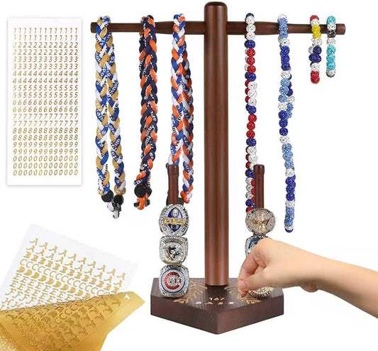 Baseball Necklace and Ring Display Holder, Wooden Sports Jewelry Organizer for Baseball or Softball Drip Pendants & Championship Rings, with 2 Gold Stickers for Custom Text
