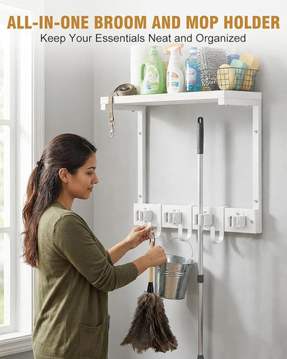 Supforce Small Broom Holder Wall Mount with Cleaning Supplies Organizer, White