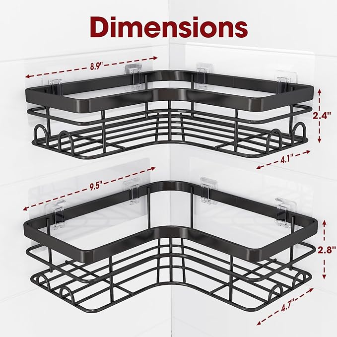 Sakugi Corner Shower Caddy - 2 Pack, Adhesive Shower Organizers, Rustproof Stainless Steel Shower Shelves with 8 Hooks, No Drilling Bathroom Organizers and Storage Racks, Space-Saving, Black, X-Large