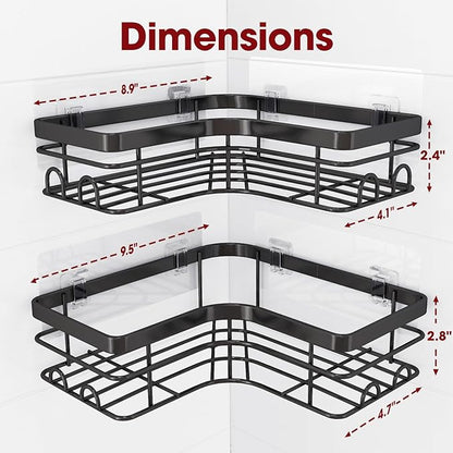 Sakugi Corner Shower Caddy - 2 Pack, Adhesive Shower Organizers, Rustproof Stainless Steel Shower Shelves with 8 Hooks, No Drilling Bathroom Organizers and Storage Racks, Space-Saving, Black, X-Large