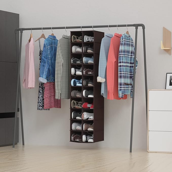 Libeder Hanging Shoe Organizer for Closet, Hanging Closet Organizers 20 Section Shoe Shelves, Space Saving Shoe Holder & Storage, Coffee, 12''W×12''Dx 50''H