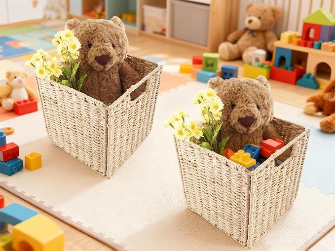 YAHUAN Foldable Paper Rope Storage Cubes 9X9 Hand Woven Wicker Storage Bins Square Basket Storage Baskets for Shelves (Paper rope 2-pack)