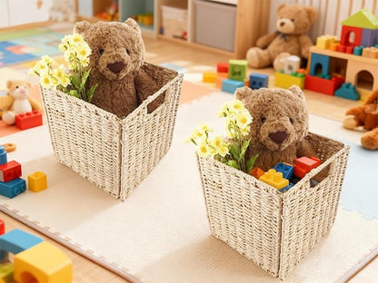 YAHUAN Foldable Paper Rope Storage Cubes 9X9 Hand Woven Wicker Storage Bins Square Basket Storage Baskets for Shelves (Paper rope 2-pack)