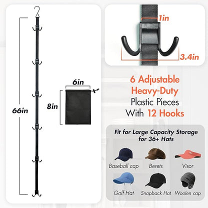 Hat Organizer for Closet, Hat Rack for Door with 6 Durable Adjustable Hooks & Storage Bag, Height 66 in Hat Storage for Home Dorm Room Travel Outdoor