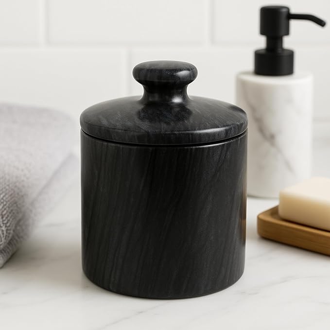 Creative Home Hand Carved Natural Black Marble Storage Jar Heavy Duty Taiwan Yushan Stone for Cotton Balls Jewelry Bathroom Essentials Chemical-Free and Eco-Friendly, 3.8 Diam. x 5.2 H Inch