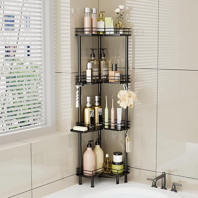Consumest Corner Shower Caddy Standing - 4-Tier Stainless Steel Shower Organizer with Soap Holder and 4 Hooks, Large Capacity Corner Shelf Stand for Bathroom, Rest Room, Black