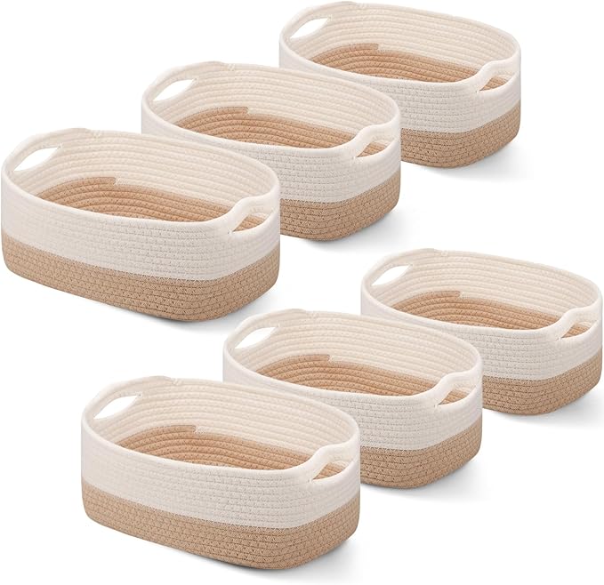 Sawysine 6 Pcs Storage Baskets Bulk for Organizing Cotton Rope Woven Basket with Handles for Gift Cloth Shelves Blanket Toys Living Room(Khaki and White)