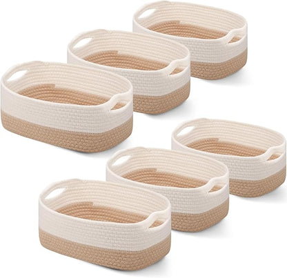 Sawysine 6 Pcs Storage Baskets Bulk for Organizing Cotton Rope Woven Basket with Handles for Gift Cloth Shelves Blanket Toys Living Room(Khaki and White)