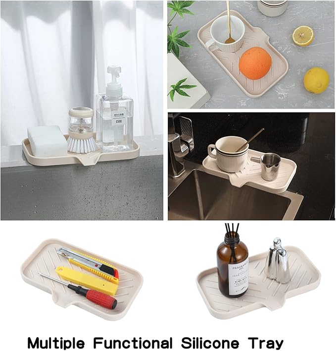 MicoYang Silicone Bathroom Soap Dishes with Drain Spout-Bathroom and Kitchen Sink Organizer,Sponge Holder,Dish Soap Tray,Perfect for Dispenser,Scrubber,Bottle,Cup on Sink or Counter-Tapioca 9.6"×5.3"