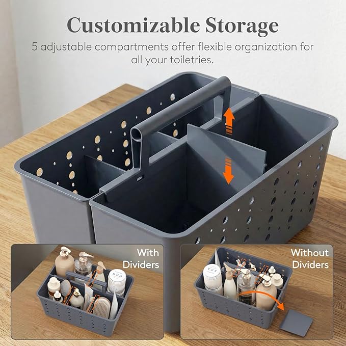 Lifewit Shower Caddy Portable, Cleaning Supplies Caddy Organizer with Handle and Adjustable Dividers, Plastic Shower Basket for Dorm Room Essentials, College, Bathroom, Slate Blue, 1 Pack