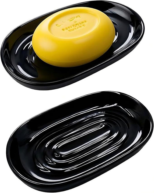 Ceramic Marble Pattern Soap Dish, Textured Raised Soap Saver Tray for Shower Bathroom Kitchen Sink Vanity, Easy to Clean Multi-Use Holder for Bar Soap Jewelry Rings Keys, Black (1 Pack)