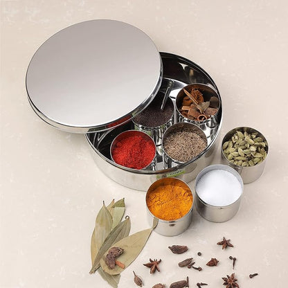 Vinod 7 in 1 Stainless Steel Spice Box with Lid | Indian Masala Dabba | Indian Spice Box | Masala Dani for Kitchen | Includes 7 Small Containers, 1 Spoon & a Steel Lid | 8 Inches Diameter
