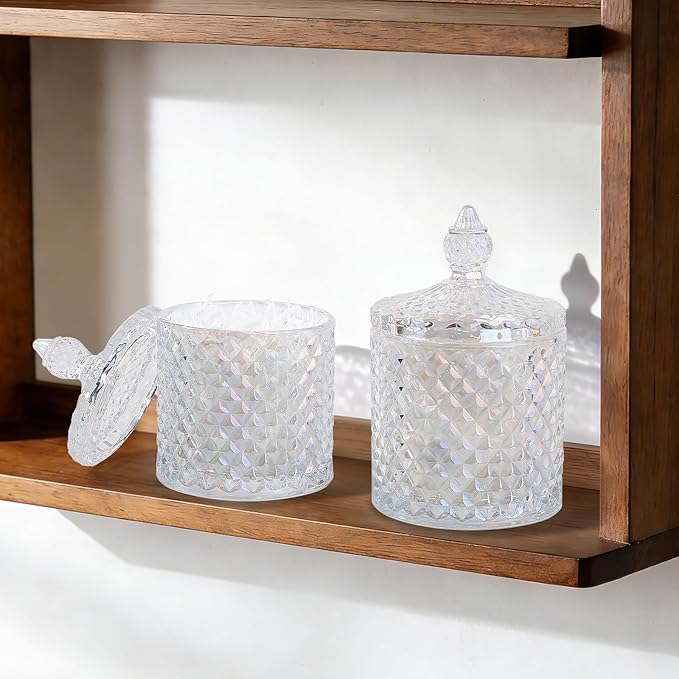 2 Pack Qtip Holder Thick Glass Apothecary Jars with Lid for Bathroom Decor Storage Organizer for Cotton Swabs, Balls, Pads, Floss Picks, Candy, Jewelry, Iridescent Clear
