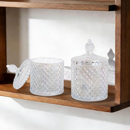 2 Pack Qtip Holder Thick Glass Apothecary Jars with Lid for Bathroom Decor Storage Organizer for Cotton Swabs, Balls, Pads, Floss Picks, Candy, Jewelry, Iridescent Clear