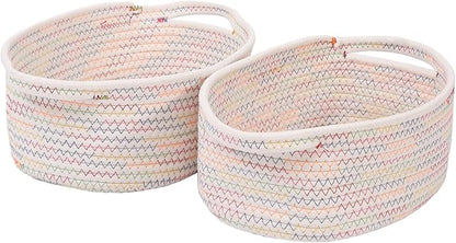 JMvicyroam Woven Basket,Small Rope Storage Bin with Handles & Ribbon Bag, Organizer for Shelves Closets,Gift Basket Empty for Birthday,Books,Dog Toys, Colorful/2 Pack