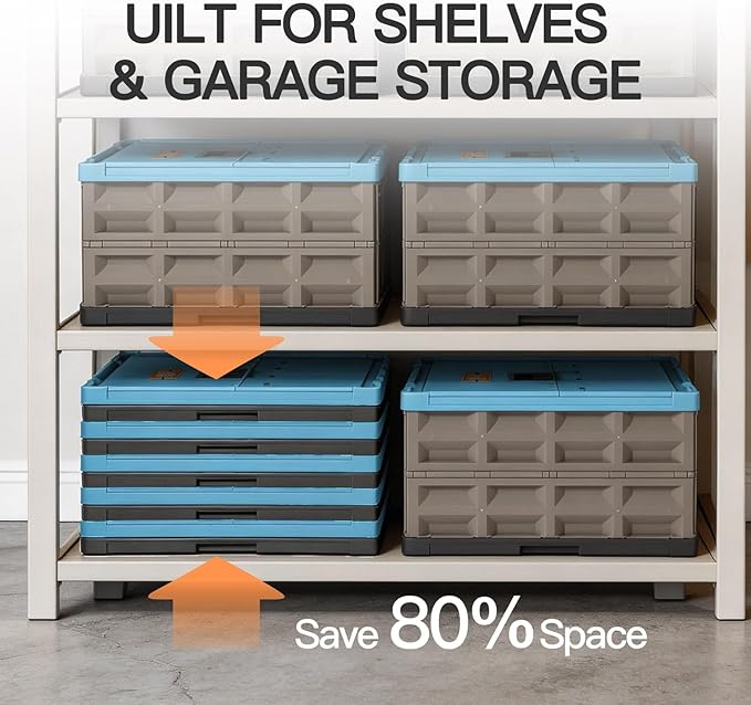 2 Pack Heavy Duty Storage Bins with Lids Attached, 12 Gallon Collapsible and Stackable Plastic Containers - 400 LBS Stacking Strength for Garage, RV, Moving (Blue -45L - Pack of 2)