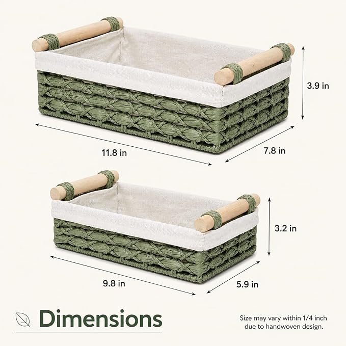 Green Wicker Bathroom Baskets Set of 2 with Linen Liner & Wooden Handles – Sage Green Paper Rope Storage Baskets for Shelves, Bathroom Counter & Spa Décor