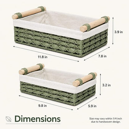 Green Wicker Bathroom Baskets Set of 2 with Linen Liner & Wooden Handles – Sage Green Paper Rope Storage Baskets for Shelves, Bathroom Counter & Spa Décor