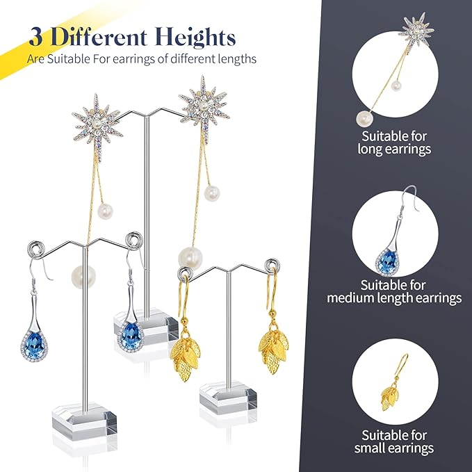 Macarrie 18 Pcs Metal Earring Holder T Bar Earring Display Stand Organizer Countertop Hanger Hanging Jewelry Towers with Acrylic Base(Clear)