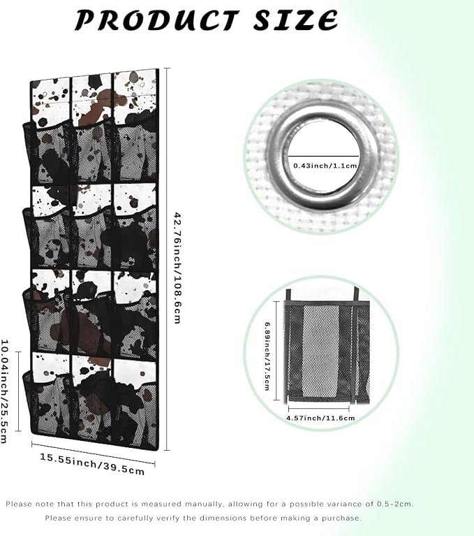 Cowhide Pattern Door Hanger Organizer Mesh Fabric 12 Pockets Over The Door Shoe Organizer for Camping White Wall Hanging Storage for Bathroom