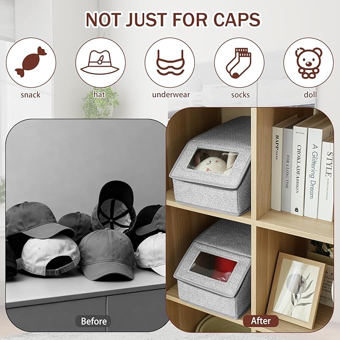 VZZNN Stackable Hat Organizer for Baseball Caps - Holds 12 Caps, Clear View Lid, Space Saving Closet Storage (Set of 4, Breathable Fabric)