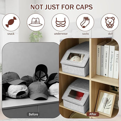 VZZNN Stackable Hat Organizer for Baseball Caps - Holds 12 Caps, Clear View Lid, Space Saving Closet Storage (Set of 4, Breathable Fabric)