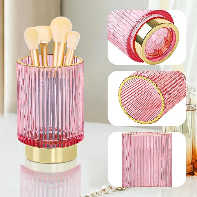 Glass Makeup Brush Holder Organizer, Gold Toothbrush Holders for Bathroom, Pink Makeup Brush Holder Cup for Vanity, Desktop Crystal Eyeliners Eyebrow Pencil Storage Cup Holder