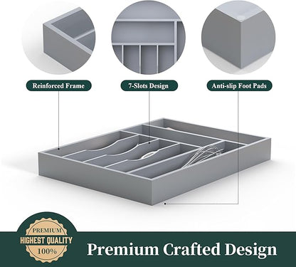 Bamboo Silverware Organizer, Kitchen Drawer Organizer, Utensil Holder, Cutlery Tray & Spoon Flatware Storage with Grooved Drawer Dividers (Grey, 12.5''W x 16.5''D)