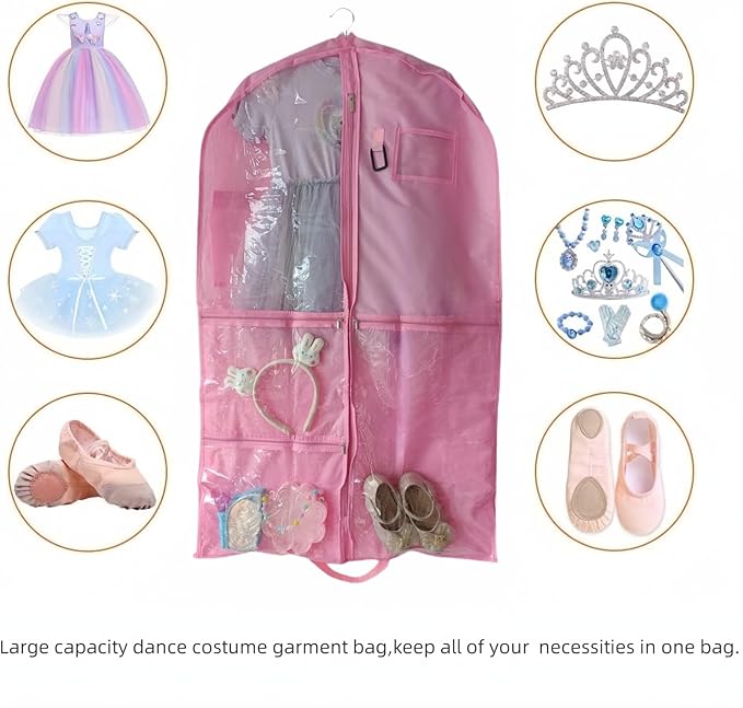 Dance Costume Garment Bag for Travel with Handles, 39 Inch Garment Bag for Dance Competitions, Kids Hanging Clothes Cover for Girls Closet Storage with 4 Zippered Pockets (Pink - 2 Pack)