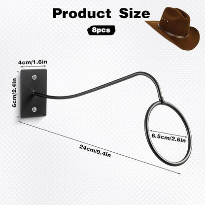 8 Pcs Cowboy Hat Rack for Wall, Black Metal Cowboy Hat Holder Reusable Wall-Mounted Metal Hats Hooks with Screws for Fedora, Cap, Wide Brim Hats for Home, Shop