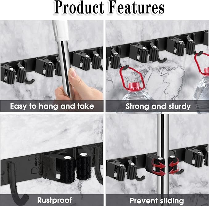 AceMining 2 Pack Black 5 Racks and 4 Hooks Mop and Broom Holder Wall Mount, Broom Organizer Storage Tool Racks Stainless Steel Heavy Duty Hooks Self Adhesive Solid Non-slip for Home Kitchen Garden