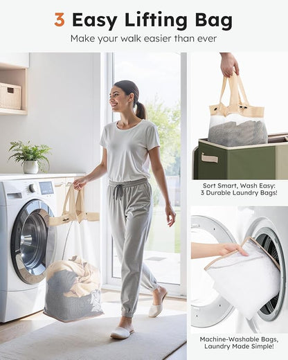 SOLEDI 180L 3-Section Laundry Hamper with Lid, Extra Large Dirty Clothes Basket with Sturdy Handles for Laundry Room & Bedroom - Durable Organizer for Sorting Laundry