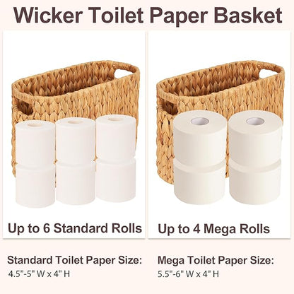 FairyHaus Wicker Toilet Paper Storage Basket with Buit-in Handles, 6 Rolls Natural Water Hyacinth Toilet Paper Holder Stand with Storage, Freestanding Handwoven Toilet Paper Holder Basket for Bathroom