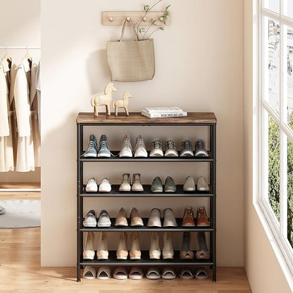 INGIORDAR Shoe Rack Organizer 5 Tier Metal Organizer Shelf with Industrial MDF Board and Layer Fabric for Entryway Closet Bedroom Living Room Garage,Black & Rustic Brown (Black+Rustic Brown, 5 Tier)