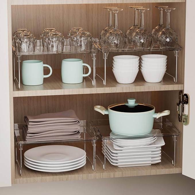 STARLATTA 2 Pcs Cabinet Organizer Shelf, Stackable Kitchen Counter Shelves, Spice Rack,Countertop Organizers, Clear Plastic Storage Shelves Rack for Makeup,Bathroom,Cupboard,Desk,Pantry Organization