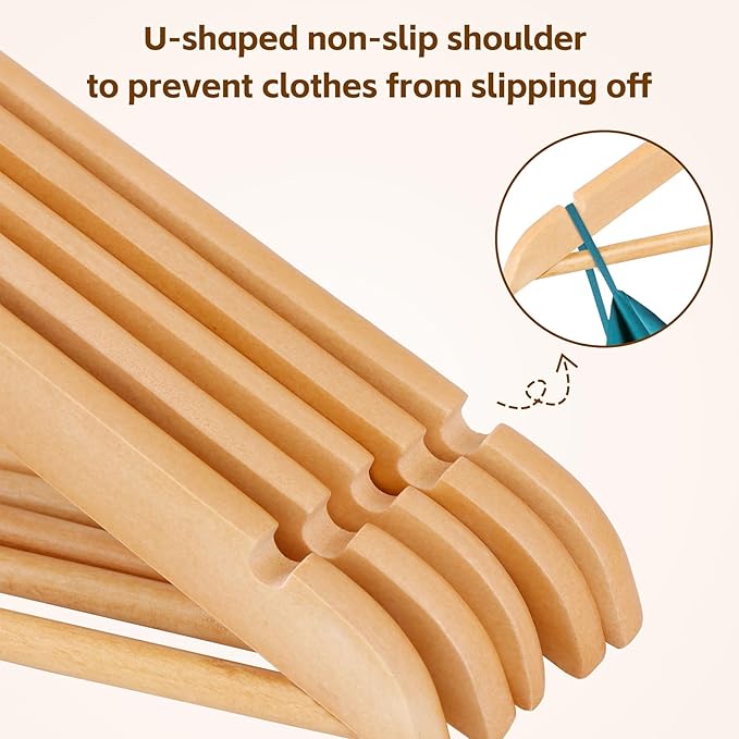 JupiterForce Wooden Clothes Hangers 50 Pack, Non-Slip Wood Hangers with 360° Swivel Hook & Shoulder Grooves, Coat Hanger for Suits, Coats, Shirts, Pants, Jackets and Dress(Natural)