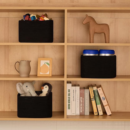 MiniArk Small Organizing Baskets for Cubes Shelf, 9.7x9.7x7.1 Inch Rope Woven Storage Bins for Nursery Shelves Storage, Cute Toy Basket, Square 3 Packs Black