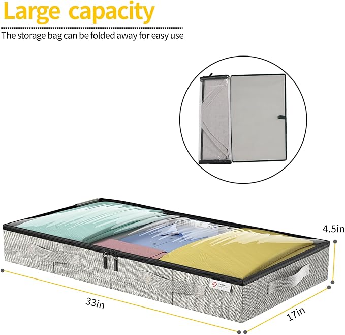 4.5 Inches Under Bed Storage Containers with Sturdy Sidewalls/Bottom and Reinforced Handles，Low Profile Underbed Storage for Clothes,Shoes,Pillows and Blankets with Zips and Clear Windows,4 Pack