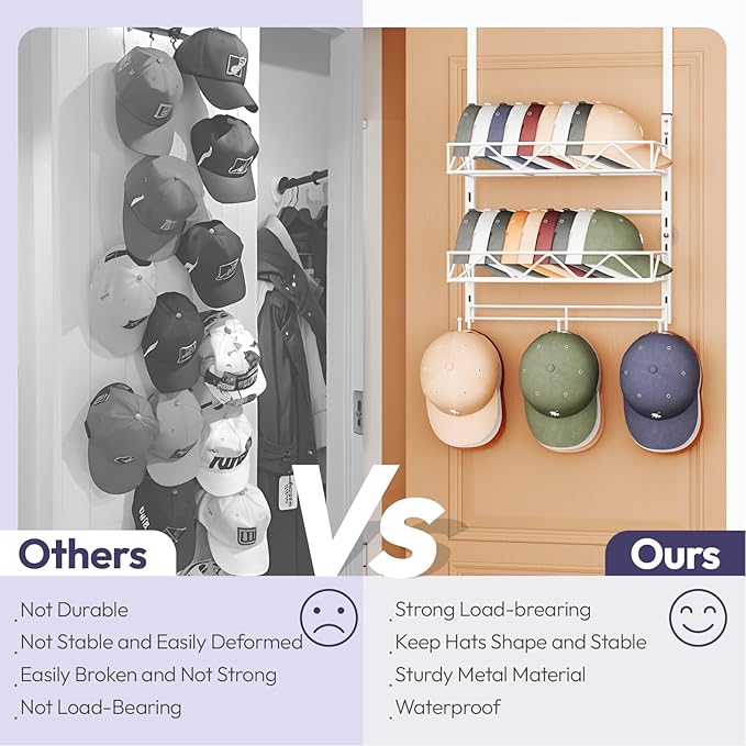 SWTYMIKI Over Door Hat Organizer - 3 Tier Wall Mounted Hat Rack with 2 Adjustable Metal Basket and 3 Hooks, Hanging Baseball Cap Organizer Storage Holds up to 29 Caps for Door, Bedroom, Closet