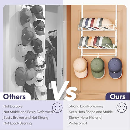 SWTYMIKI Over Door Hat Organizer - 3 Tier Wall Mounted Hat Rack with 2 Adjustable Metal Basket and 3 Hooks, Hanging Baseball Cap Organizer Storage Holds up to 29 Caps for Door, Bedroom, Closet