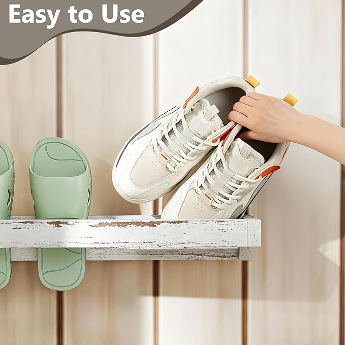 Nisorpa 30 Inch Shabby White Washed Wood Hanging Shoe Rack, Wall Mounted Shoe Rack Storage Organizer Space Saving Footwear Holder for Closet, Mudroom, Entryway, Holds 12 Pairs, Set of 4