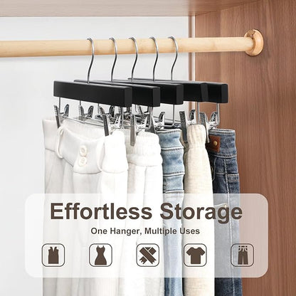 BAGAIL 10 Pack Wooden Pants Hangers with Adjustable Clips, 360°Swivel Hook Space Saving Skirt Holders with Anti-Rust Clips for Trousers, Jeans, Shorts (Black)