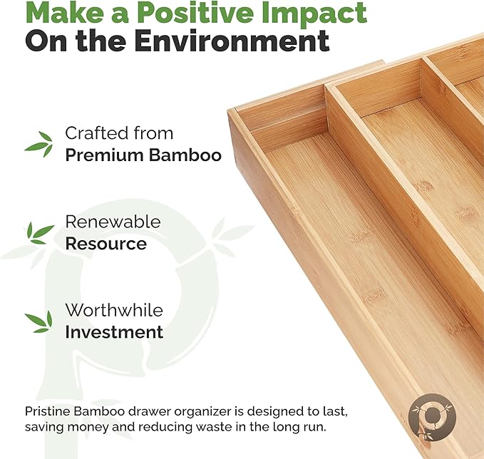 Pristine Bamboo Silverware Tray for Drawer Organizer,Kitchen Drawer Organizer,Cutlery Organizer in Drawer, Flatware Silverware Holder, Expandable Adjustable Wooden Dividers (8-slots)