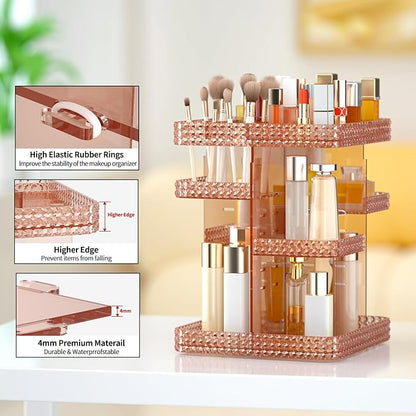 Rotating Makeup Organizer, Large Capacity Cosmetic Display Case, Acrylic Skincare Organizer with Makeup Brush, Makeup Storage Organizer for Dresser Countertop and Bathroom Vanity - Pink